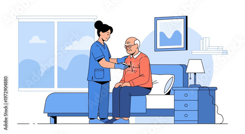 Nurse caring for elderly man at home, providing medical assistance and support