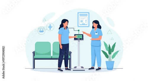 Nurse assisting patient with medical device in clinic waiting room, health checkup concept