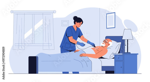 Nurse caring for elderly patient in hospital bed, medical assistance, home healthcare concept