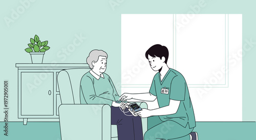 Nurse checking elderly woman's blood pressure at home, healthcare concept