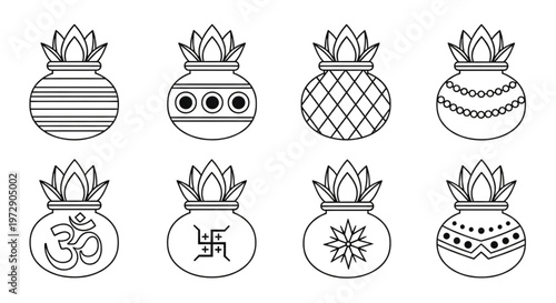 Auspicious Kalash Pots Vector Icons Traditional Hindu Festival Symbols for Diwali Cultural Celebrations Web Design