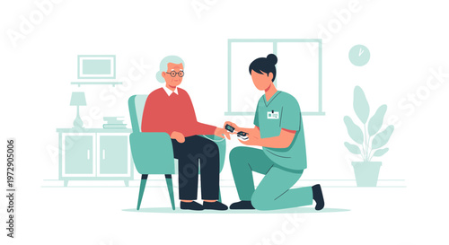 Nurse checking elderly woman's oxygen saturation with pulse oximeter at home