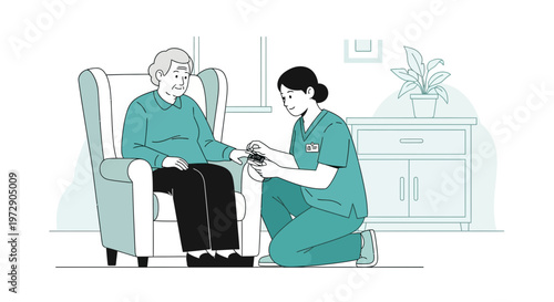 Nurse checking elderly woman's pulse in armchair at home, healthcare concept