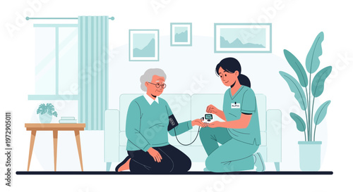 Nurse checking elderly woman's blood pressure at home, healthcare concept