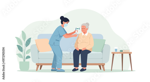 Nurse checking elderly woman's temperature with digital thermometer at home