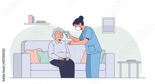 Nurse checking elderly woman's temperature with infrared thermometer at home