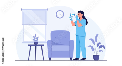 Nurse checking medical test results in a cozy room with armchair and window