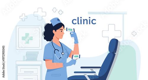Nurse checking patient temperature with thermometer in modern clinic examination room