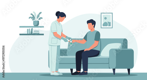 Nurse checking patient's blood pressure at home, healthcare, medical checkup, support