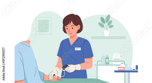 Nurse checking patient's blood pressure with a tonometer in a clinic