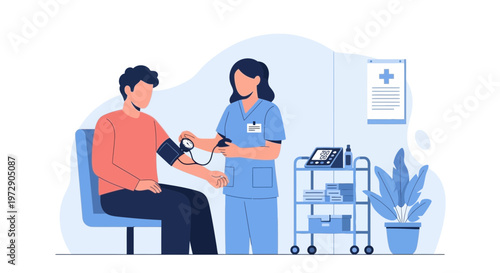 Nurse checking patient's blood pressure in clinic, medical checkup, healthcare concept