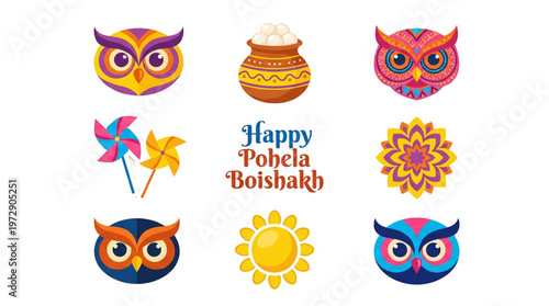 Happy Pohela Boishakh Owls & Pinwheels Festive Celebration Design for Bengali New Year Marketing