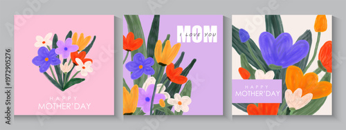 set of spring Hand drawn Floral art templates for Womens Day, birthday, Mothers Day. Creative concept of spring summer cards set with abstract flowers abstract in mid century art style