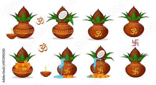Sacred Kalash Pot with Coconut and Mango Leaves for Diwali Puja and Indian Festival Celebrations
