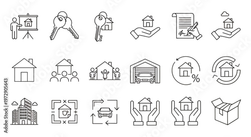 Set of diverse line art icons depicting people, objects, and symbols for design projects.