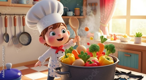 Happy Cartoon Chef Cooking Healthy Vegetables in a Pot.