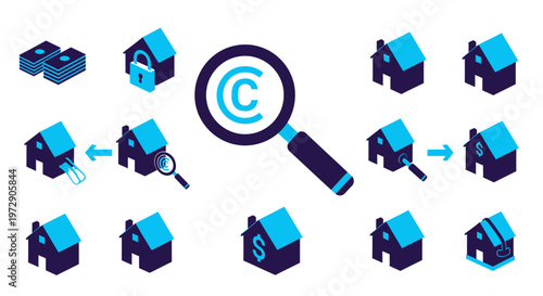 Isometric blue house icon collection with megaphone and copyright symbolism.
