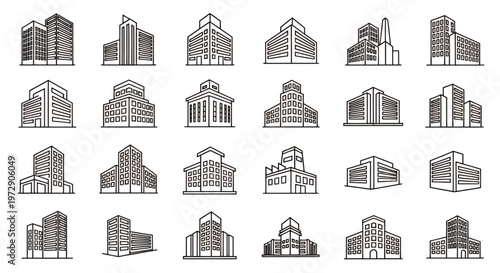 Collection of Grey Architectural Building Icons and Silhouettes.