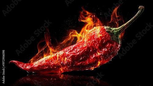 Fire Chili Closeup, Burning Red Pepper, Spicy Heat Concept, Dramatic Black Background, Red Chili Fire, Closeup Flame Effect, Spicy Food Heat Concept, Cinematic Style.