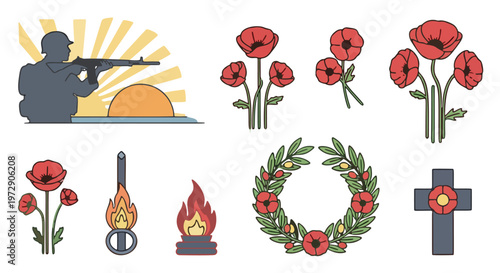 Anzac Day memorial symbols poppy flowers, soldier silhouette, eternal flame, laurel wreath, and cross illustration for remembrance and commemoration