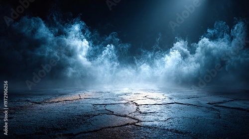 Foggy Cracked Floor, Dramatic Smoke Background, Dark Ground Texture, Cinematic Atmosphere, Cracked Ground Fog Scene, Smoky Surface Background, Atmospheric Environment, Moody Lighting.