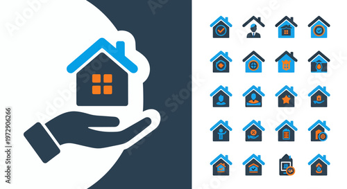 Hand-supported housing concept illustration showing a house and multiple miniatures emphasizing shelter, architecture, and community in a housing context.