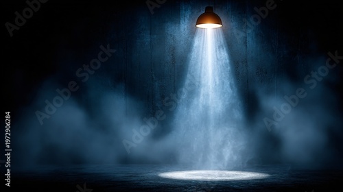 Ceiling Spotlight Smoke, Dramatic Light Beam Scene, Foggy Stage Background, Cinematic Atmosphere, Spotlight From Above, Fog Light Beam Scene, Dramatic Background, Cinematic Visual.