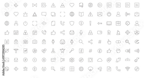 Collection of assorted line icons arranged in a uniform grid for graphic resources.
