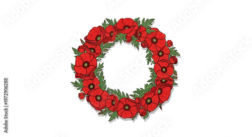 Red poppy wreath illustration, a poignant symbol of remembrance for Anzac Day, honoring the courage and sacrifice of service members. Ideal for memorial tributes