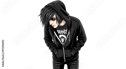 Emo boy in hoodie, sad expression, dark aesthetic, anime style