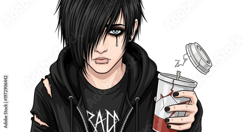 Emo Teenager with Dark Hair and Makeup Holding a Drink