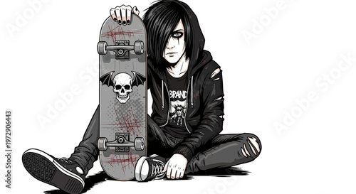 Emo teenager with skateboard, skull graphic, ripped clothes, sitting pose, black and white