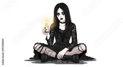 Goth girl with lightbulb, creative idea, dark fashion, isolated on white