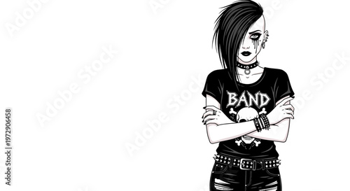 Goth girl with mohawk and band t-shirt, punk style, rebellious attitude
