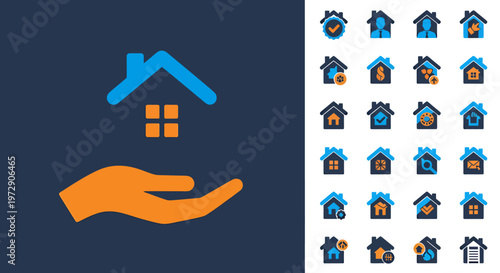 Hands Protecting a House: Symbolic Icon Set of Home and Shelter in Blue and Orange.