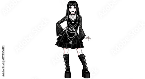 Gothic Girl in Black Dress and Platform Boots