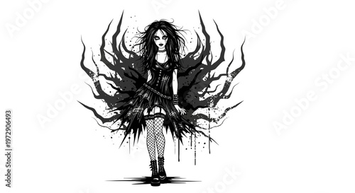 Gothic Girl with Spiky Wings Illustration