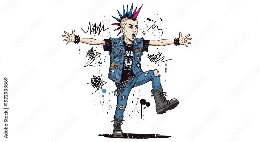 Naklejka premium Punk rock youth with mohawk and ripped jeans dancing energetically