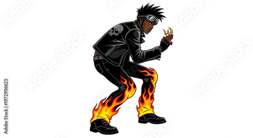 Punk rock character with flaming pants and skull jacket