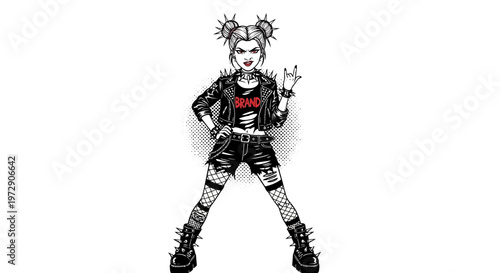 Punk Rock Girl with Spiked Jacket and Shorts, Rock Music Style