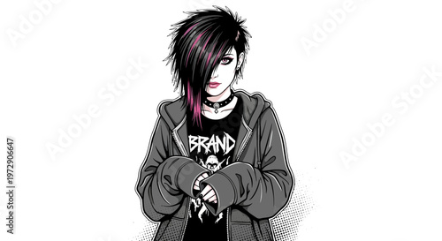 Punk Rock Girl with Spiky Hair and Band T-shirt