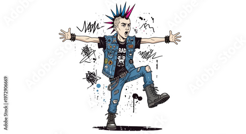 Punk rock youth with mohawk and ripped jeans dancing energetically
