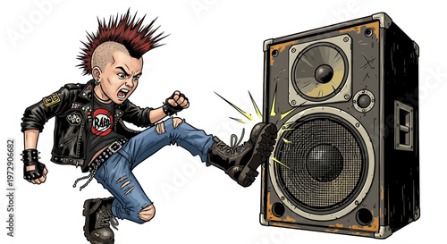 Punk rocker kicking a speaker, aggressive music concept
