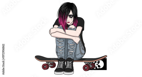 Sad punk girl with pink hair sitting on skateboard, ripped jeans, skull graphic