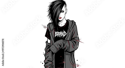 Stylish person with mohawk, t-shirt, and hoodie, white background