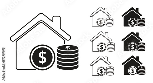 Icons representing home ownership and mortgage concepts with coins and houses.