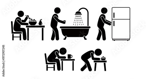 People performing everyday household activities in multiple home scenes with work and kitchen elements.