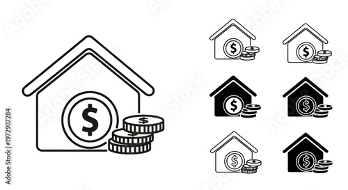 Icon set depicting a house with dollar signs and coins representing real estate finance concepts.