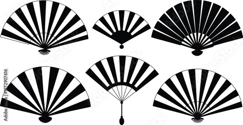 Traditional hand fan icons, folding fan silhouettes, cultural design variations, black and white vector illustration, decorative semi‑circular fan collection