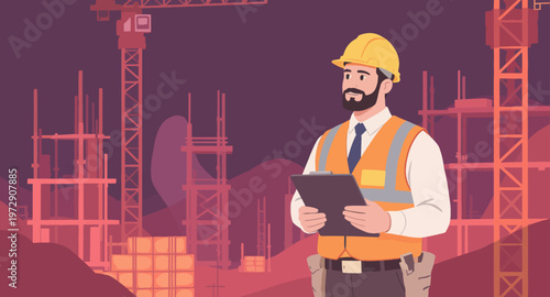 Construction worker with safety gear on site.